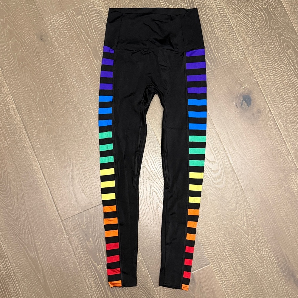 K-deer Black Leggings with Rainbow Stripes EUC